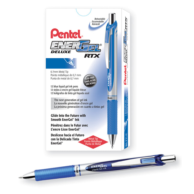 EnerGel RTX Retractable Liquid Gel Pen, Metal Tip, Medium Line, Blue Ink, 1 Dozen