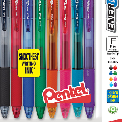EnerGel-X Retractable Liquid Gel Pen, (0.5mm) Needle Tip, Fine Line, Assorted Ink, 8-Pack