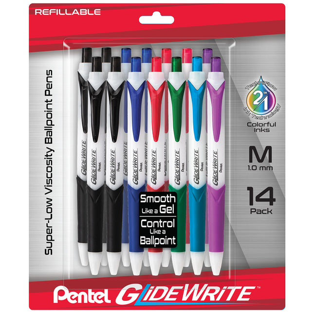 GlideWrite Ballpoint Pen with TechniFlo Ink, Medium Line, Assorted Ink, 14-Pack