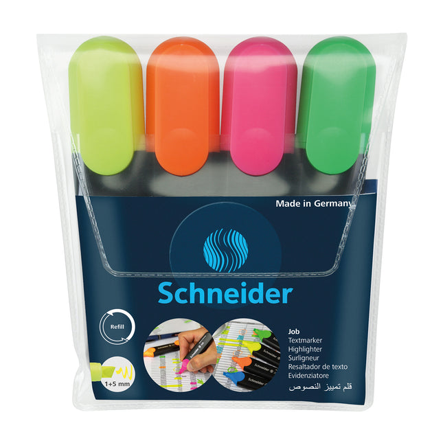 Job Highlighter, 1 + 5 mm Chisel Tip, 4 Assorted Ink Colors (Pink, Yellow, Orange, Green)