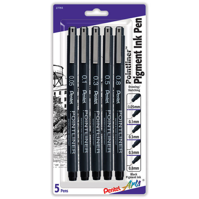 Pointliner Pen 5ct Asst Sizes Black Pentel Arts