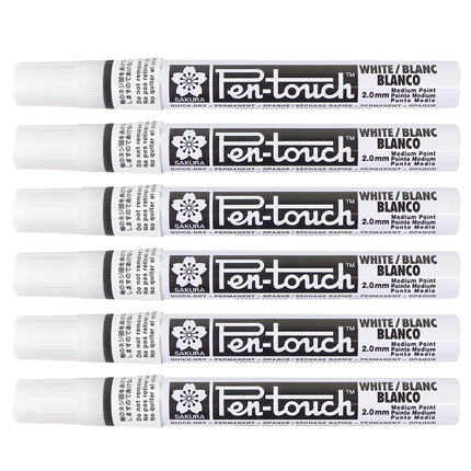 Pen-Touch Markers, 2.0mm Medium, White, Pack of 6