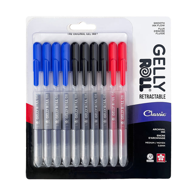Retractable Classic Gel Pens, Medium Point, Assorted Colors, 10-Pack