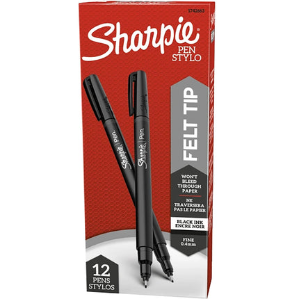 Felt Tip Pens, Fine Point, Black, Box of 12