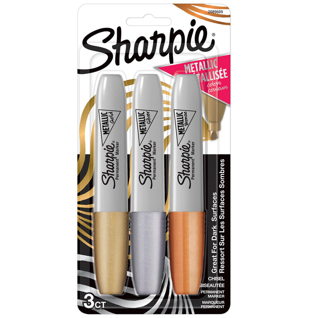 Metallic Permanent Markers, Chisel Tip, Assorted Colors, 3ct