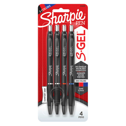 S-Gel Gel Pens, Fine Point (0.5mm), Assorted Colors, 4 Count