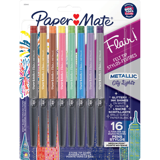 Flair Felt Tip Pens, Medium Point, Metallic City Lights, 16 Count