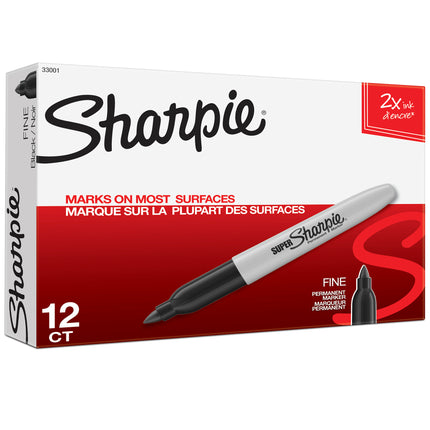 Sharpie Super Permanent Markers, Fine Point, Black, Box of 12