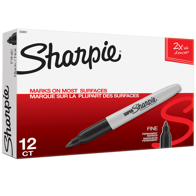 Sharpie Super Permanent Markers, Fine Point, Black, Box of 12