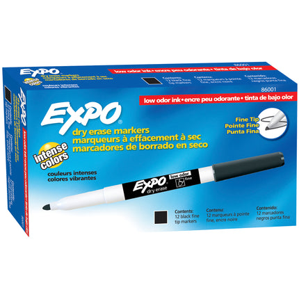Low Odor Dry Erase Markers, Fine Tip, Black, Box of 12