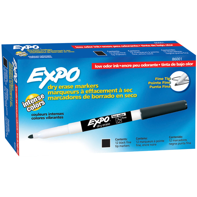 Low Odor Dry Erase Markers, Fine Tip, Black, Box of 12