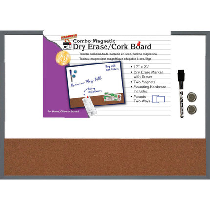 MAGNETIC DRY ERASE W/ CORK BOARD GRAY FRAME 17X23 W/ ERASER & MARKER